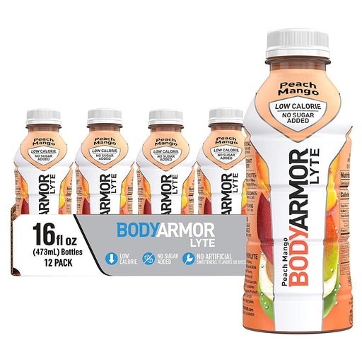 BODYARMOR LYTE Sports Drink Low-Calorie Sports Beverage, Peach Mango, Natural Flavors with Vitamins, Potassium-Packed Electrolytes, Perfect for Athletes, 16 Fl Oz (Pack of 12)