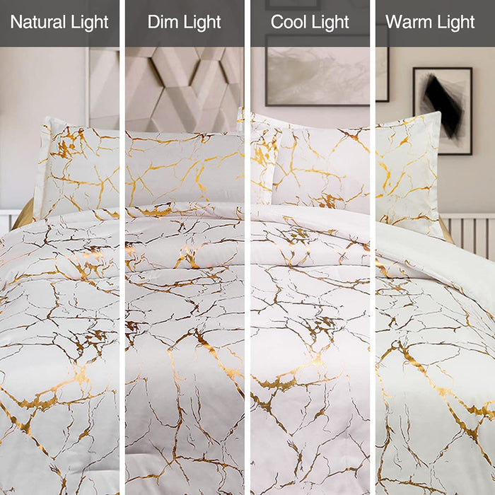 Gold Metallic Marble Comforter Set Queen Size Foil Print Glitter Bedding Sets,White/Gold, Queen