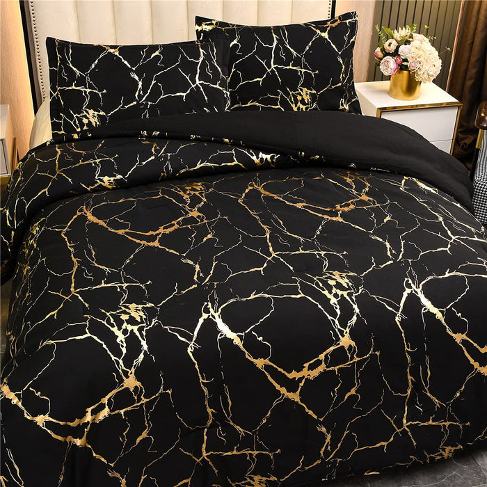 Gold Metallic Marble Comforter Set Queen Size Foil Print Glitter Bedding Sets,Black/Gold,Queen