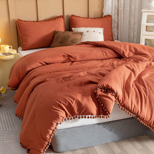 Terracotta Comforter Queen Set 3Pcs Boho Ball Pom Pom Bedding, Aesthetic Burnt Orange Comforter Queen Sized Bed Set Rust Comforter Solid Color Bed Set for Women Men (1 Comforter 2 Pillowcases)