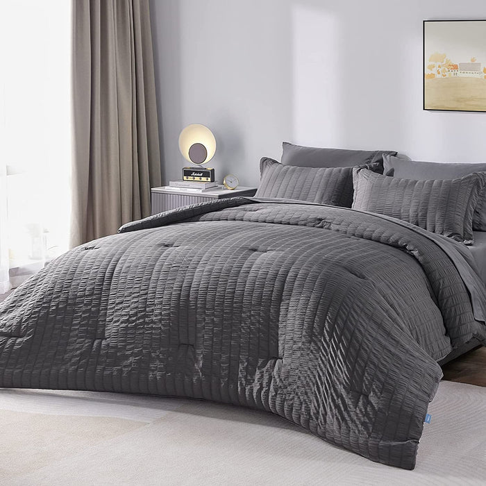 Queen Seersucker Comforter Set with Sheets Dark Grey Bed in a Bag 7-Pieces All Season Bedding Sets with Comforter, Pillow Sham, Flat Sheet, Fitted Sheet, Pillowcase