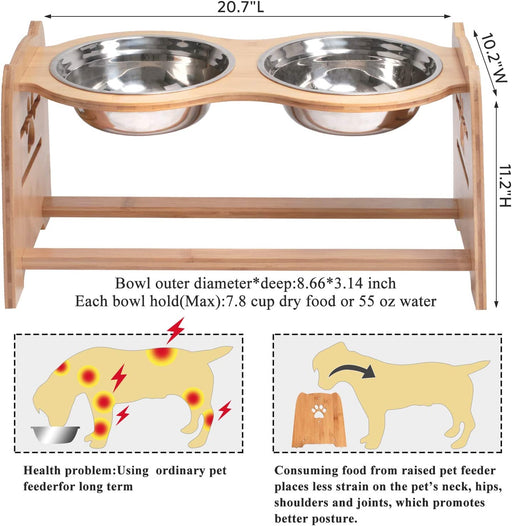 Raised Pet Bowls for Cats and Dogs, Adjustable Bamboo Elevated Dog Cat Food and Water Bowls Stand Feeder with 2 Stainless Steel Bowls and anti Slip Feet (Height 5.1" to 7.5" to 10")