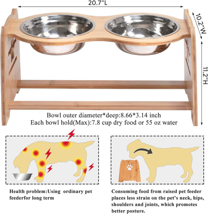 Raised Pet Bowls for Cats and Dogs, Adjustable Bamboo Elevated Dog Cat Food and Water Bowls Stand Feeder with 2 Stainless Steel Bowls and anti Slip Feet (Height 5.1" to 7.5" to 10")