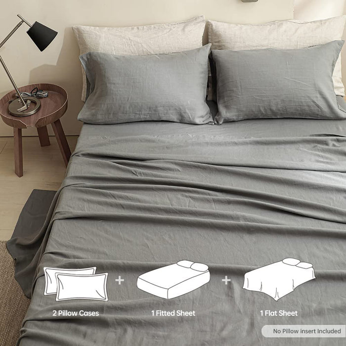 Simple&Opulence 100% Linen Sheet Set Solid Color-4 Pcs Washed French Linen Bed Sheets(1 Flat Sheet,1 Fitted Sheet,2 Pillowcases)-Breathable Bedding Set (Grey, Queen)