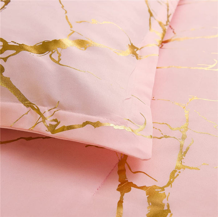 Gold Metallic Marble Comforter Set Queen Size Foil Print Glittering Bedding Sets, Blush/Gold, Queen
