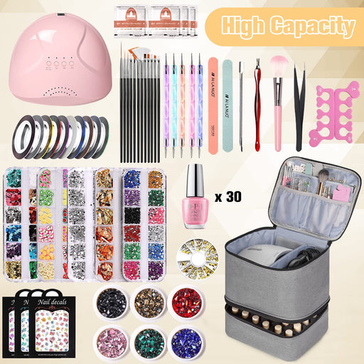 Nail Polish Organizer and Nail Dryer Case, Double-Layer Nail Polish Storage Holds 30 Bottles (15Ml/0.5 Fl.Oz) and 1 Led Nail Lamp, Travel Carrying Case for Nail Polish Kit Set (Grey)