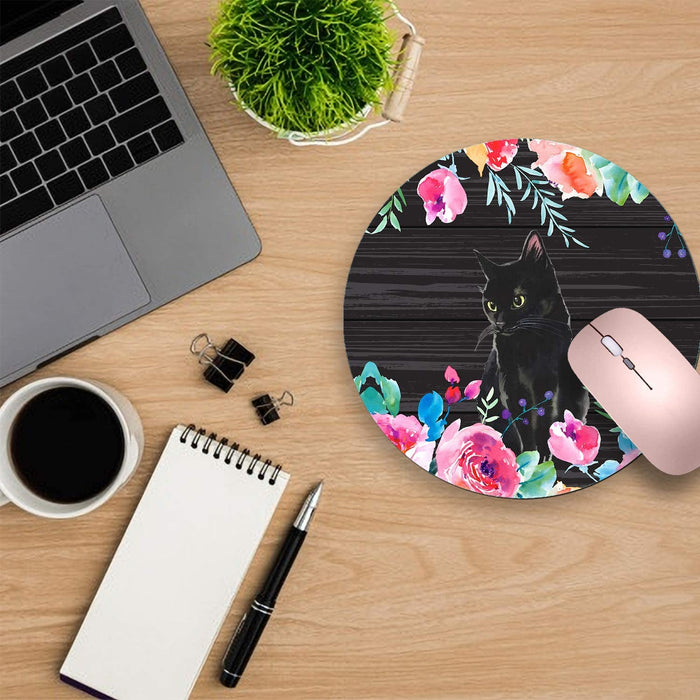 Round Mouse Pad,Black Cat Non-Slip Rubber Circular Mouse Pads Customized Designed for Home and Office,7.9 X 7.9Inch
