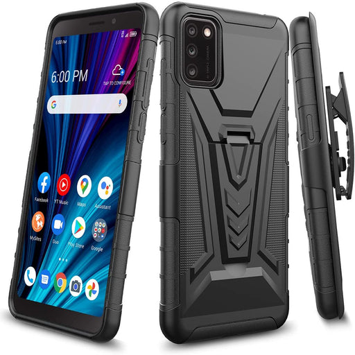 Alcatel TCL A3X A600DL Belt Clip Holster Kickstand Shock Proof Phone Case with Tempered Glass Screen Protector - Black