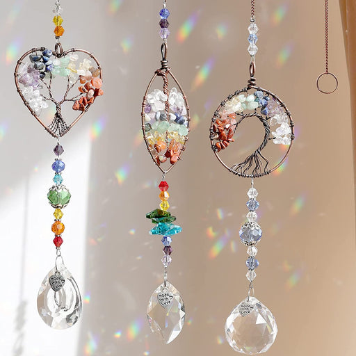 3Pcs Crystal Suncatchers for Windows Hanging Tree of Life Sun Catchers Decor with Prisms for Car, Chakra Feng Shui Decor for Home, Pack of 3