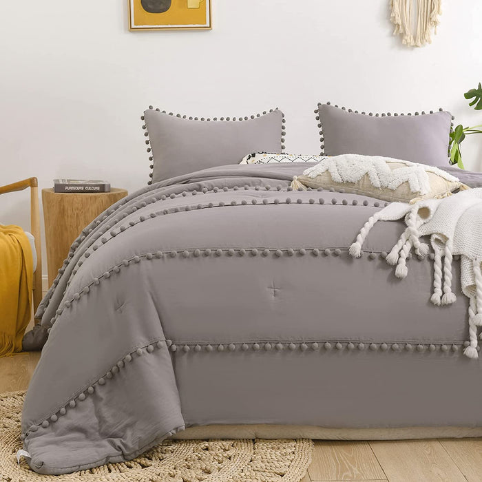 Grey King Size Comforter Set,Boho Pom Pom Aesthetic Bedding Sets, Lightweight Soft Boho Comforters King Bed Sets 3 Pieces