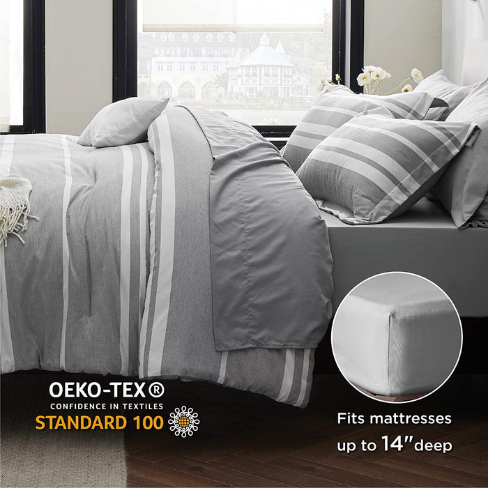 Bedsure Bed in a Bag Full Size 7-Piece Gray White Striped Bedding Comforter Sets All Season Bed Set, 2 Pillow Shams, Flat Sheet, Fitted Sheet and 2 Pillowcases