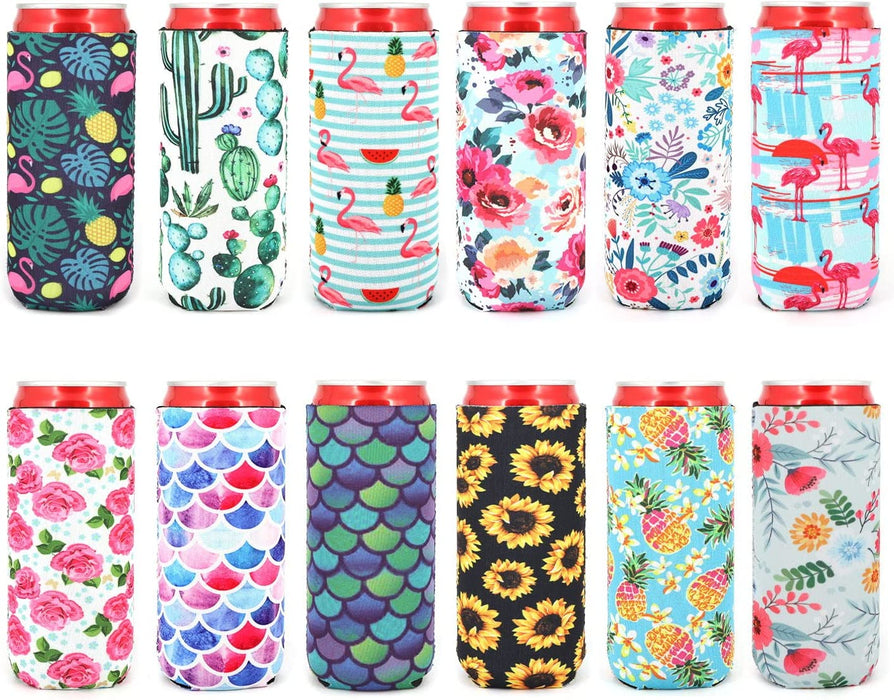 12Pcs Neoprene Slim Beer Can Cooler Tall Stubby Holder Foldable Stubby Holders Beer Cooler Bags Fits 12Oz Slim Energy Drink & Beer (Classic Style)