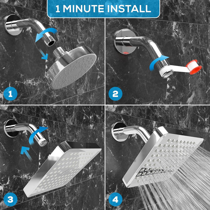 Shower Head - High Pressure Rain - Premium Quality Luxury Design - 1-Min Install - Easy Clean Adjustable Replacement for Your Bathroom Shower Heads (Luxury Polished Chrome, 6 Inch Square)