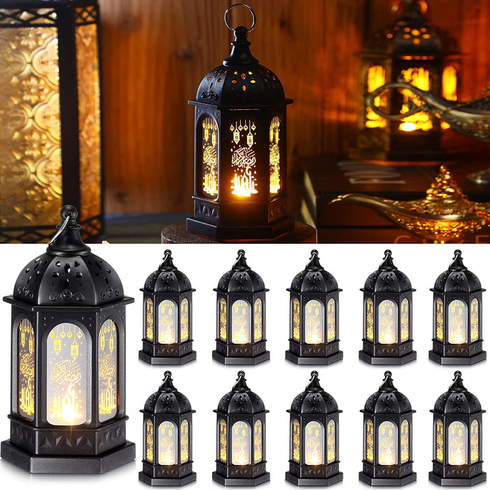 Mini Ramadan Candle Mubarak Lantern LED Eid Mubarak Lantern Moon Star Lights Moroccan Style Hanging Lantern for Home Patio Table Wedding Centerpiece Festival Decor (Black, 6 Pieces)