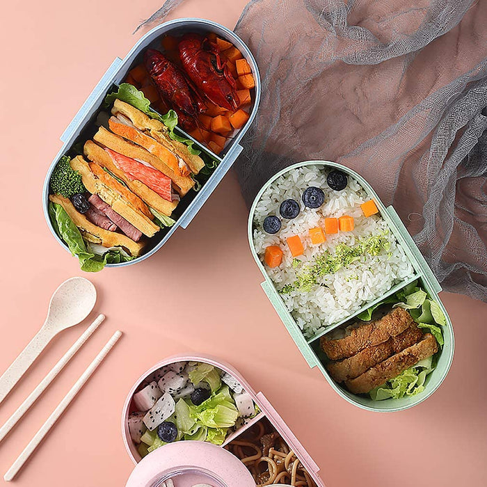 Bento Box, Natural Wheat Safety 1000 ML Lunch Box Leakproof Food Storage Container with Fork Chopsticks, Spoon for Kids Adults, Microwavable, Dishwasher Safe, Pink