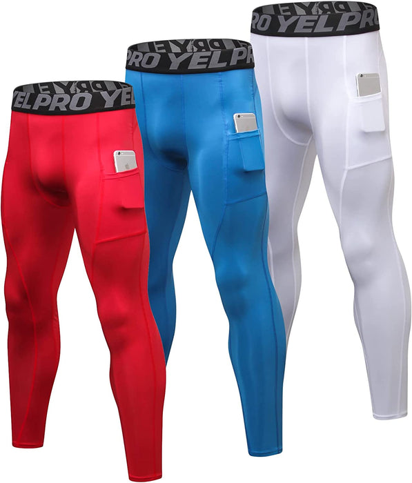 3 Pack Men'S Compression Pants Cool Dry Athletic Tights Sport Leggings with Pocket Baselayer for Running Football Yoga