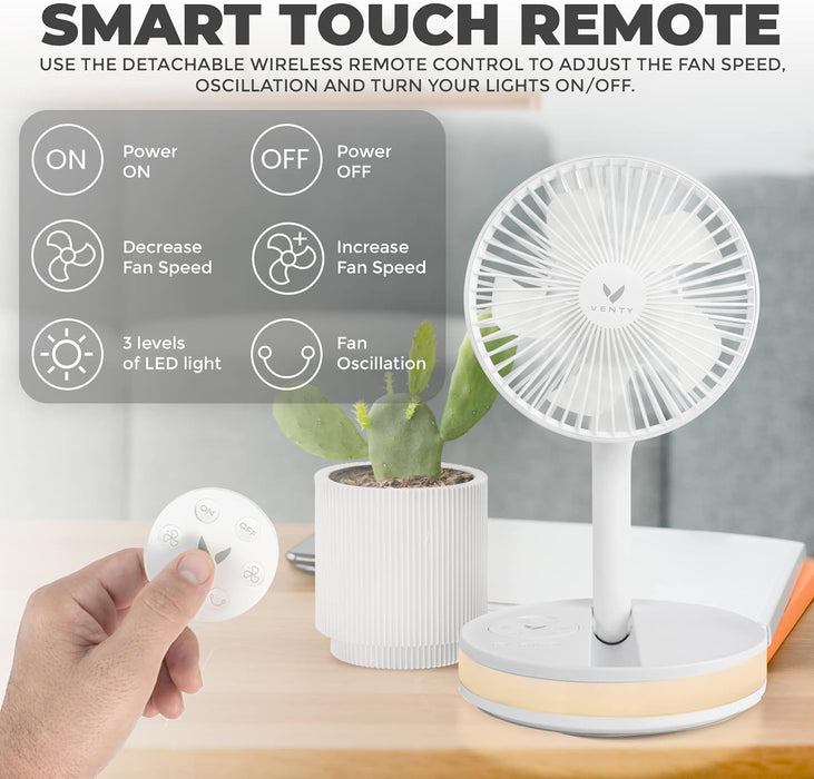 Original Portable Fan - Wireless Battery Operated Fan with 4 Speeds, Remote Control, Oscillation, & LED Lighting, Travel Rechargeable Fan & Power Bank USB-C Ports, Camping Fan (White with Case)