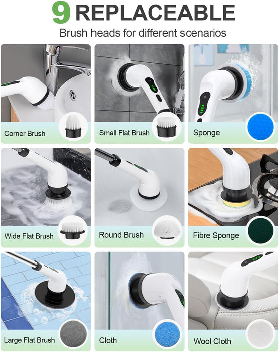 Electric Spin Scrubber, Cordless Cleaning Brush with 9 Replaceable Brush Heads, 1.5H Power Dual Speed, Shower Scrubber with Extension Handle for Bathroom Tub Tile Floor Car