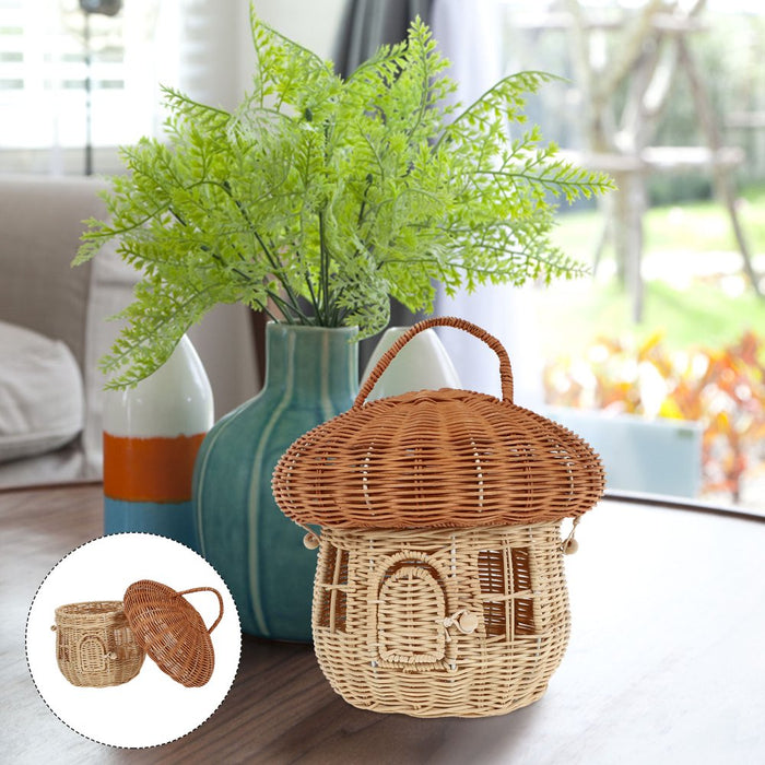 1Pc Hand Woven Rattan Mushroom Shape Storage Basket Lovely Desktop Adornment