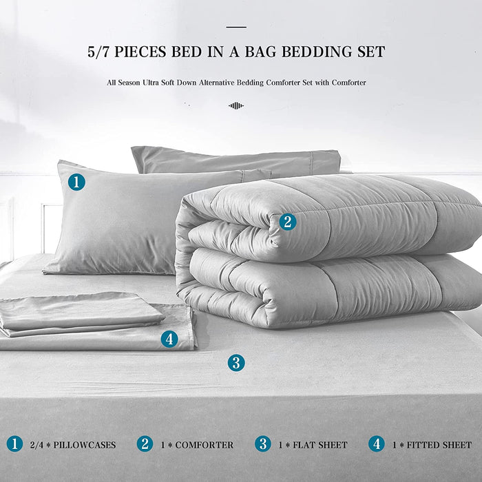 Full Size 7 Pieces Bed in a Bag Bedding Set - Lightweight Light Grey Comforter Set, All Season Ultra Soft down Alternative Bedding Comforter Set with Comforter, Pillowcase, Flat Sheet, Fitted Sheet