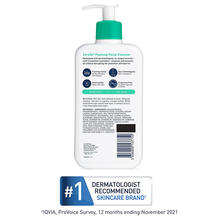 Foaming Facial Cleanser | Daily Face Wash for Oily Skin with Hyaluronic Acid, Ceramides, and Niacinamide| Fragrance Free Paraben Free | 16 Fluid Ounce