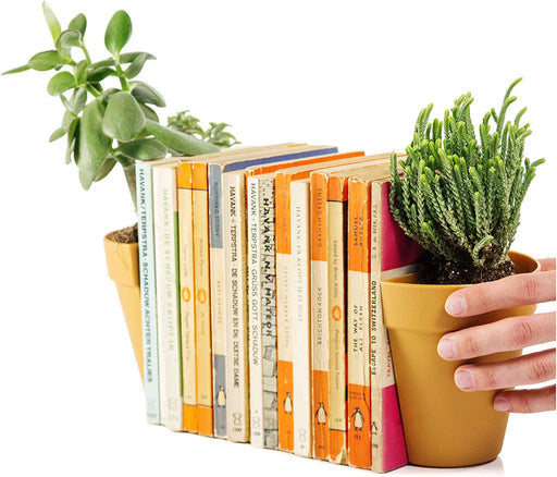 | Bookends | Plant Pot Book Ends | 2 Decorative Book Ends for Shelves | Waterproof Bookends for Shelves | Gifts for Plant Lovers | Book End Set for Bookshelf Decor | Office Decor for Women