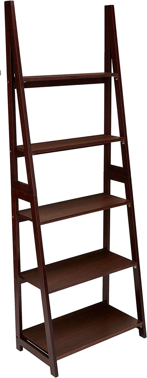 Modern 5-Tier Ladder Bookshelf Organizer, Solid Rubberwood Frame - Espresso Finish