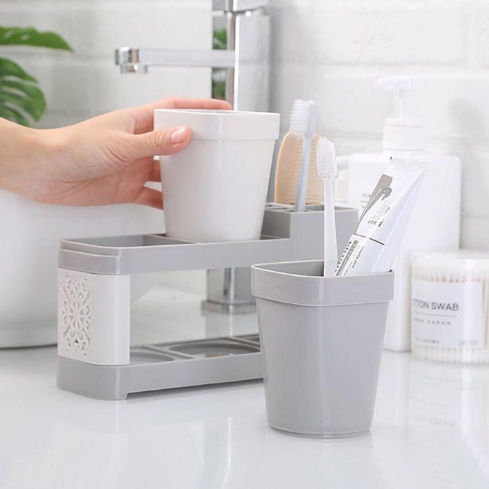 Toothbrush Toothpaste Stand Holder with 2 Cups Bathroom Storage Organizer Plastic White