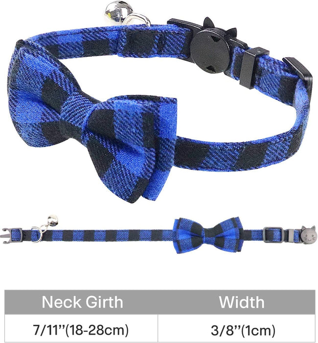 Breakaway Cat Collar with Cute Bow Tie and Bell, Plaid Patterns, 1 Pack Girl Boy Kitty Safety Collars, Blue