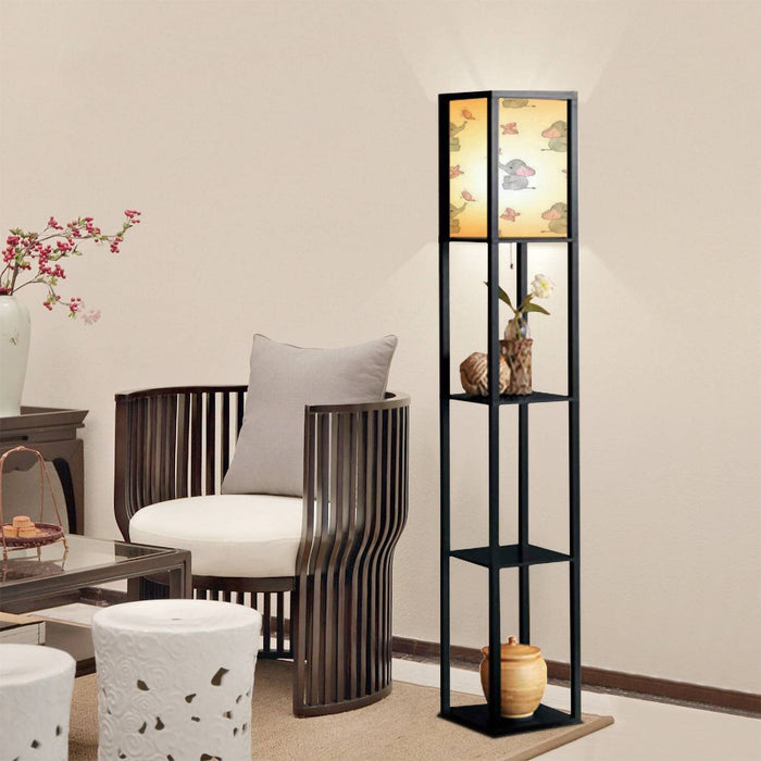Seamless with Cute Elephants and Butterflies for Kids Design Baby Standing Lamp with Shelves Flaxen Fabric Shade Floor Lamp Tall Lamp Corner Bedside Lamp for Living Room Bedroom Aesthetic Decor