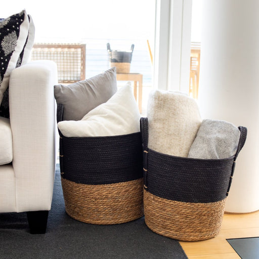 Set of 2 Natural round Storage Basket, Braided Seagrass & Paper Rope (XL+LG), Natural & Black