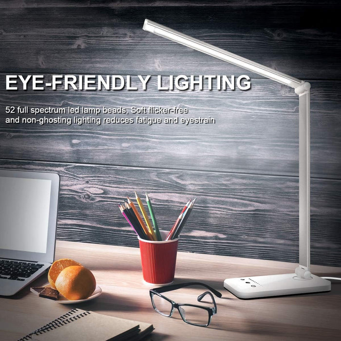 LED Desk Lamp Dimmable Table Lamp Reading Lamp with USB Charging Port, 5 Lighting Modes, Sensitive Control, 30/60 Minutes Auto-Off Timer, Eye-Caring Office Lamp