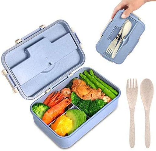 Bento Box for Kids Adults Lunch Box with 3 Compartment,Wheat Fiber Leak Proof Food Container with Spoon & Fork,1200Ml Lunch Boxes Containers for Men Women (Model2-Blue)