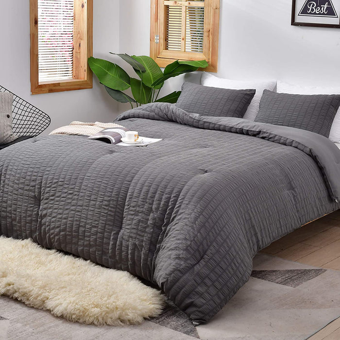 Seersucker Queen Comforter Set (90X90 Inches), 3 Pieces- 100% Soft Washed Microfiber Lightweight Comforter with 2 Pillowcases, All Season down Alternative Comforter Set for Bedding, Grey