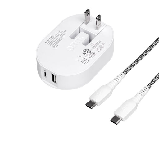 Onn. 32W Dual-Port Wall Charging Kit with USB-C Charging Cable, 20W USB-C Port Fast Charger with Power Delivery, 12W USB Port Standard Charges.