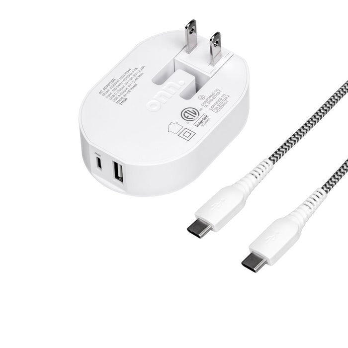 Onn. 32W Dual-Port Wall Charging Kit with USB-C Charging Cable, 20W USB-C Port Fast Charger with Power Delivery, 12W USB Port Standard Charges.