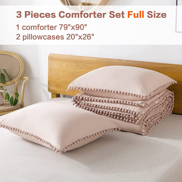 Blush Pom Pom Fringe Comforter Full(79X90 Inch), 3 Pieces(1 Boho Comforter and 2 Pillowcases) Aesthetic Boho Comforter, Lightweight Soft Microfiber down Alternative Bedding Set
