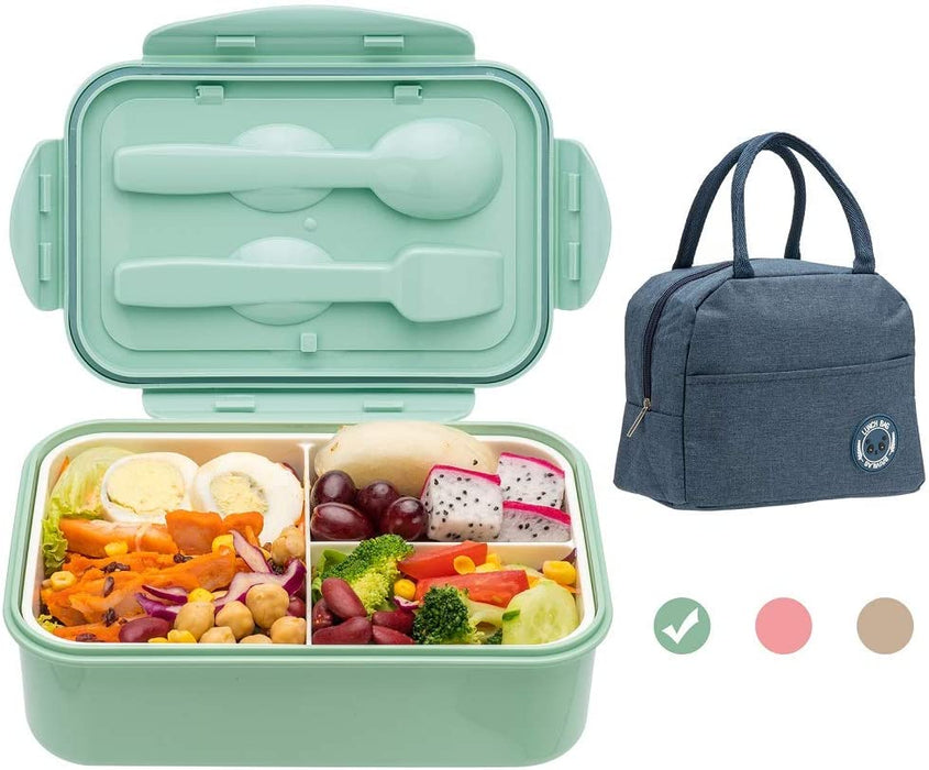 Bento Boxes for Adults, 1100 ML Bento Lunch Box for Kids Childrens with Utensils, Insulated Lunch Bag, Durable for On-The-Go Meal, Bpa-Free and Food-Safe Materials(Green with Bag)