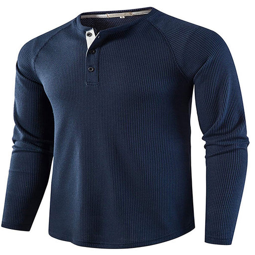 Mens Fashion Waffle T Shirts Henley Neck Solid Color Pullover Work Long Sleeve T-Shirt Blue 2XL