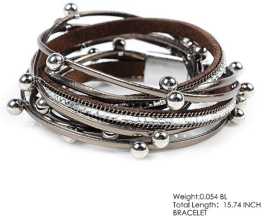 Leather Wrap Bracelet for Women - Handmade Clasp Bangle Bracelet with Pearl Beads Crystal Wristbands Jewelry Gift for Ladies and Mother