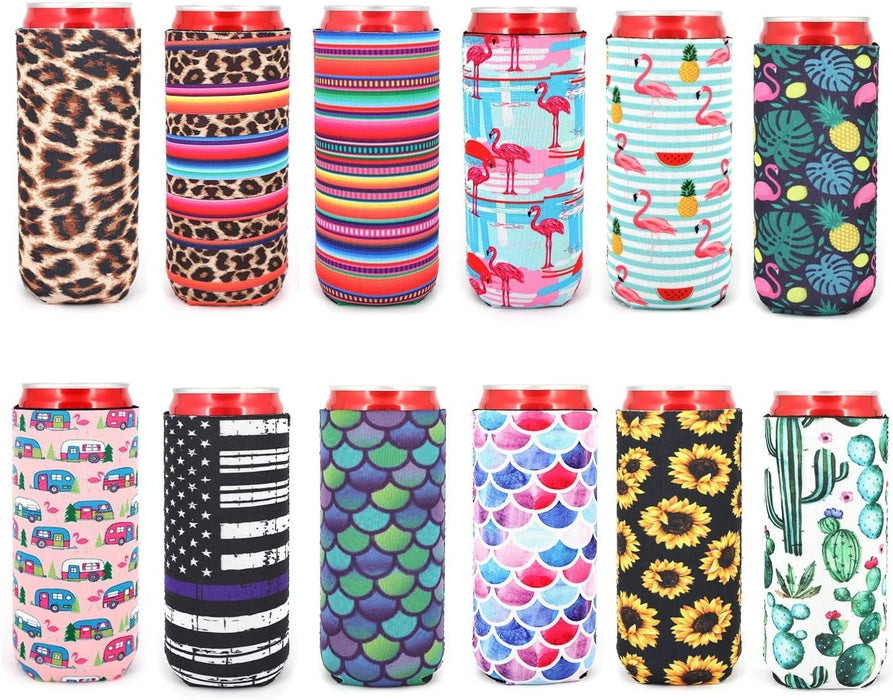 12Pcs Neoprene Slim Beer Can Cooler Tall Stubby Holder Foldable Stubby Holders Beer Cooler Bags Fits 12Oz Slim Energy Drink & Beer (Classic Style)