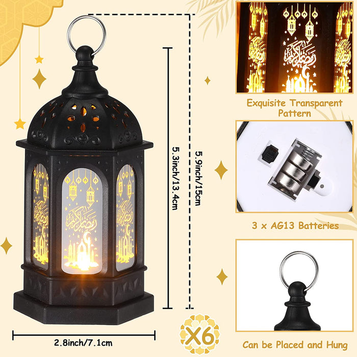 Mini Ramadan Candle Mubarak Lantern LED Eid Mubarak Lantern Moon Star Lights Moroccan Style Hanging Lantern for Home Patio Table Wedding Centerpiece Festival Decor (Black, 6 Pieces)