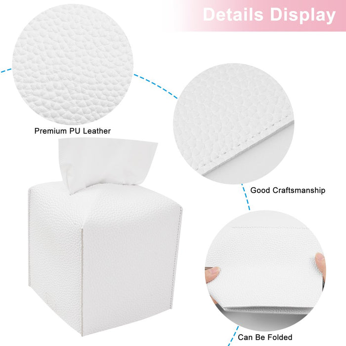 White Tissue Box Cover, PU Leather Square Tissue Box Holder for Living Room/Night Stands/Office/Car/Dining Table Home Decor