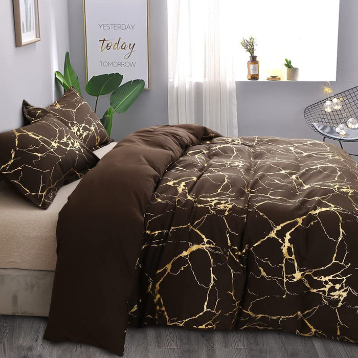 Gold Metallic Marble Comforter Set Queen Size Foil Print Glitter Bedding Sets,Coffee/Gold,Queen