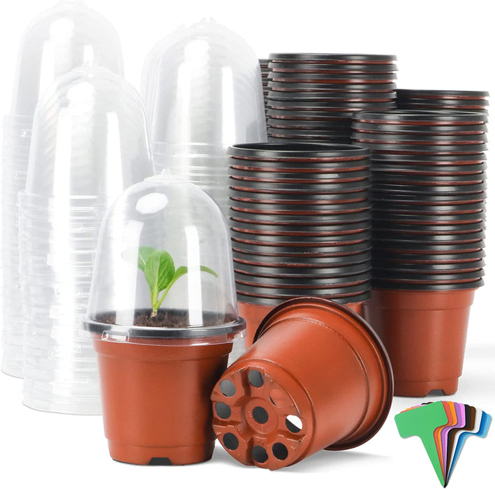 BEWAVE Plant Nursery Pots with Humidity Dome, 100 Sets Indoor Gardening Pot Planting Containers Starter Seed Starting Containers Planters with 100 Pcs Plant Labels, 3.5"