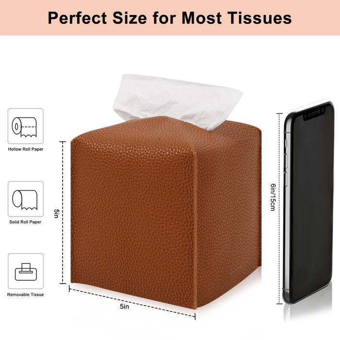 Tissue Box Cover, PU Leather Square Tissue Box Holder for Living Room/Night Stands/Office/Car/Dining Table Home Decor