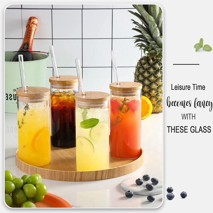 4 Set 20 OZ Drinking Glasses with Bamboo Lids and Straws, Borosilicate Glass Tumbler Cups - Tall Clear Iced Coffee Cups for Smoothie, Water, Juice, Coffee Bar Accessories - Cute Gifts, Reusable