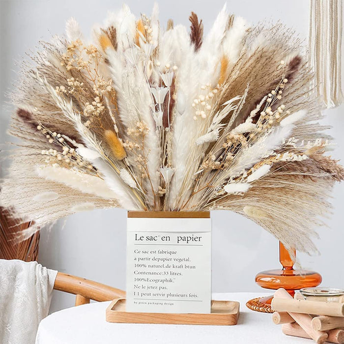 120 Pcs Dried Pampas Grass Dried Flowers Bouquet Natural Pampas Grass Decor White & Brown Pompous Grass Bunny Tails Reed for Farmhouse Rustic Party Wedding Boho Home Decorations, 17.5''