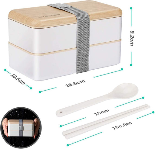 Bento Box 2 Tiers Lunch Box 1200ML Food Container Microwave Dishwasher Safe Bento Lunch Box with Cutlery Set for Adult, Kids and Student (White)
