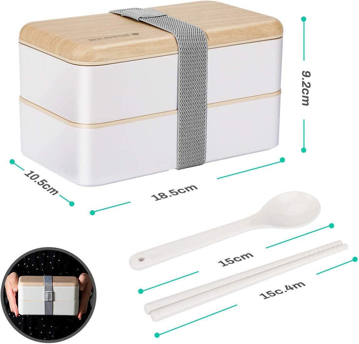 Bento Box 2 Tiers Lunch Box 1200ML Food Container Microwave Dishwasher Safe Bento Lunch Box with Cutlery Set for Adult, Kids and Student (White)